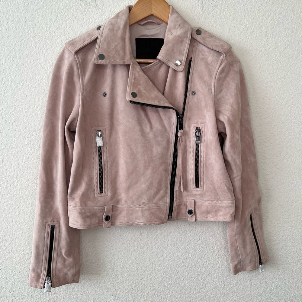 NEW All Saints Ayra Suede Biker jacket in pink size 6